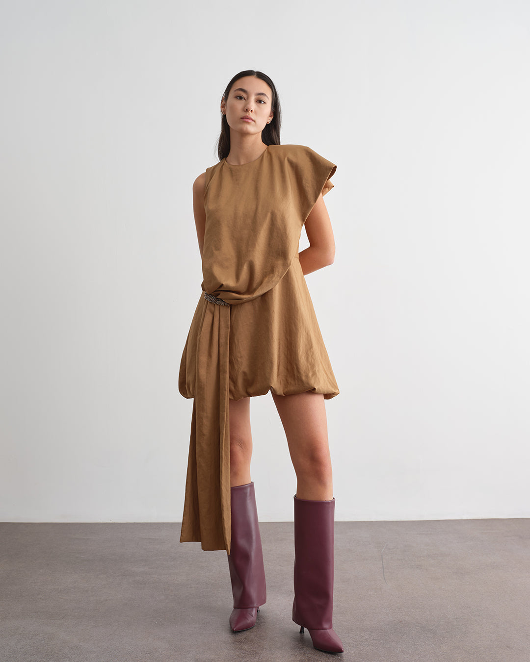 Draped short dress with jewel application
